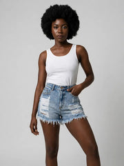 Cleo - Shorts vaqueros de tiro alto desgastados - Calanoa