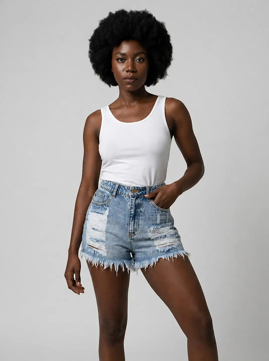 Cleo - Shorts vaqueros de tiro alto desgastados