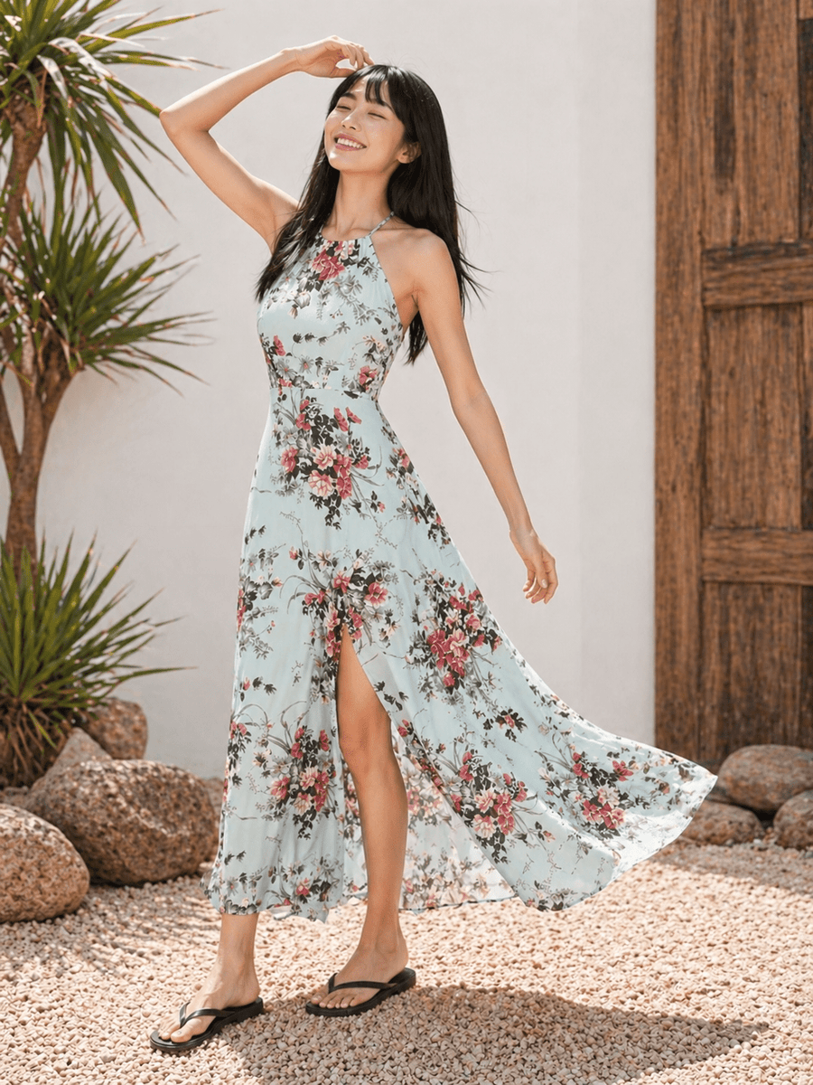 Rosa™ | Vestido floral con cuello halter y abertura lateral